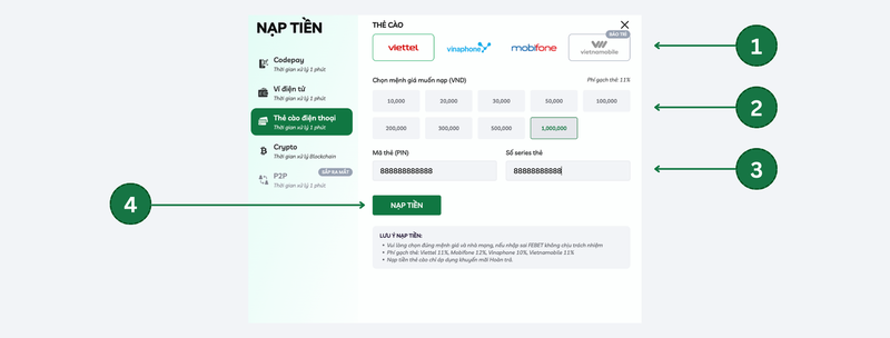 Nạp tiền thẻ cào điện thoại qua febet