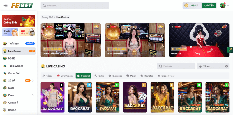 Sảnh live casino đẳng cấp, chuyên nghiệp tại Febet